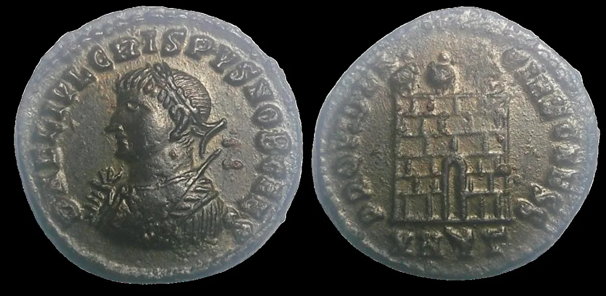 ROMAN: CRISPUS as Caesar 317-326 AD (Struck 317 AD) Silvered AE 18mm 2.95gm Follis, Heraclea mint, Nice details, Perfectly Centered, Very Fine. Toned, Very Rare (R2)