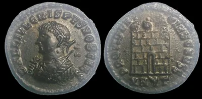 ROMAN: CRISPUS as Caesar 317-326 AD (Struck 317 AD) Silvered AE 18mm 2.95gm Follis, Heraclea mint, Nice details, Perfectly Centered, Very Fine. Toned, Very Rare (R2)