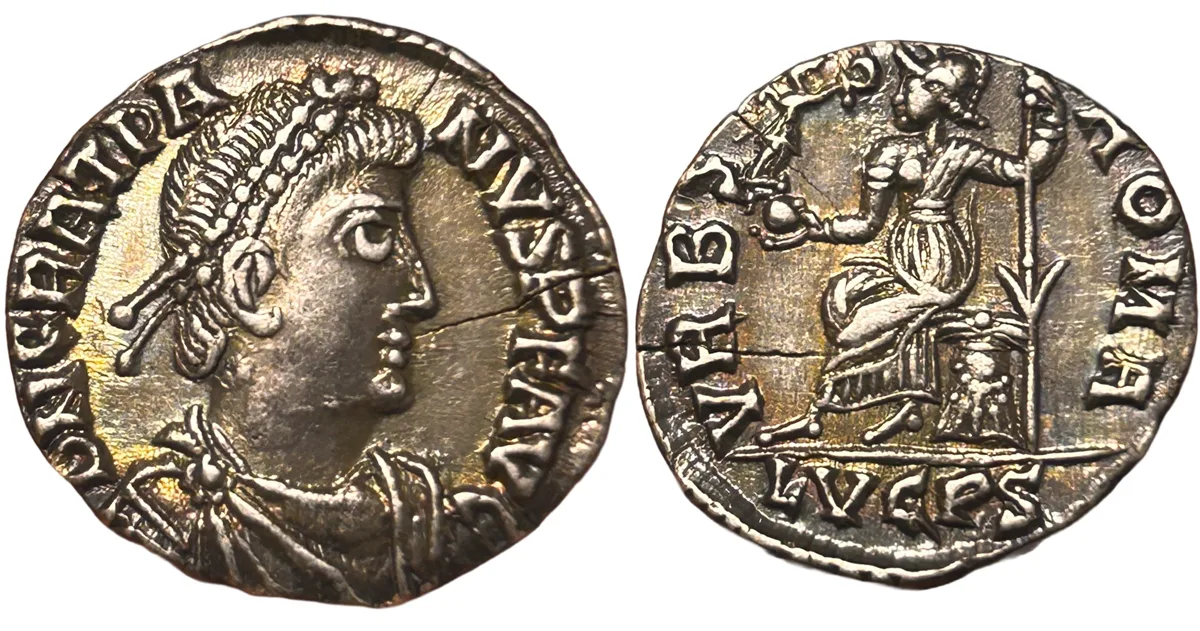 Gratian. AD 367-383. AR Siliqua. Scarce, engraver error/mispelling.