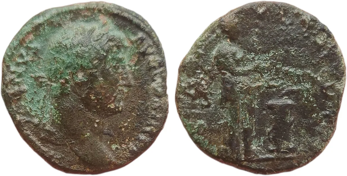 Hadrian bronze, As, Salus feeding snake on altar