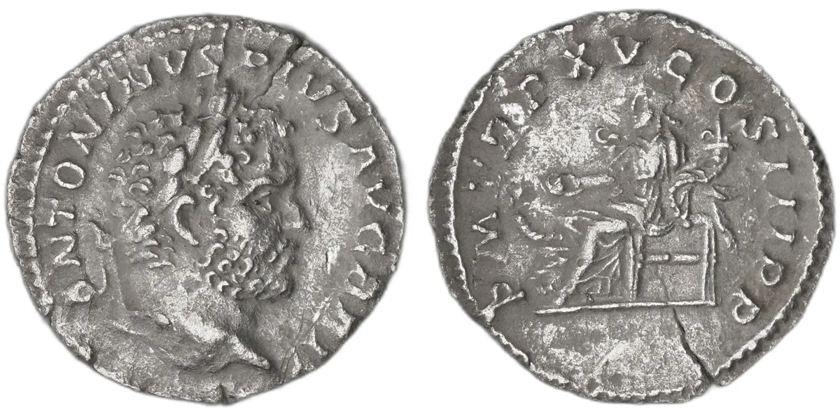 Caracalla AR Denarius AD 212 Rome Salus seated BRIT TR P XV RIC 196