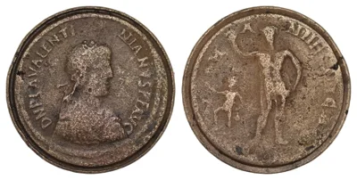 Contorniate. Late 4th-5th centuries medallion ? c. 425 AD. Æ 45,2mm, 50,51g In the name of Valentinian III D N PLA VALENTI NIANVS P F AVG, diademed draped and cuirassed bust Dancer