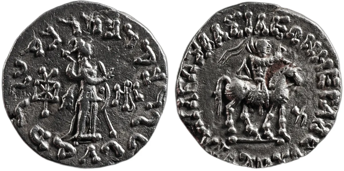 Azes II Indo-Scythian AR Tetradrachm, Horseman/Athena, Bilingual 35–12 BC