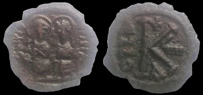 BYZANTINE: Justin II and Sophia Year 9 (Struck 573/574 AD) AE 23.5mm 4.82gm Half-follis, Constantinople mint