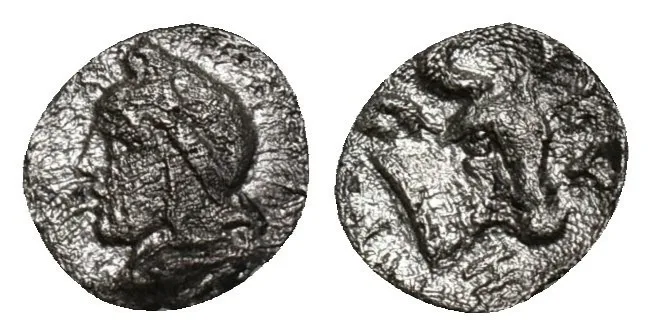 MYSIA, Kyzikos (Circa 460-410 BC) AR Obol. Head of Attis & Bull