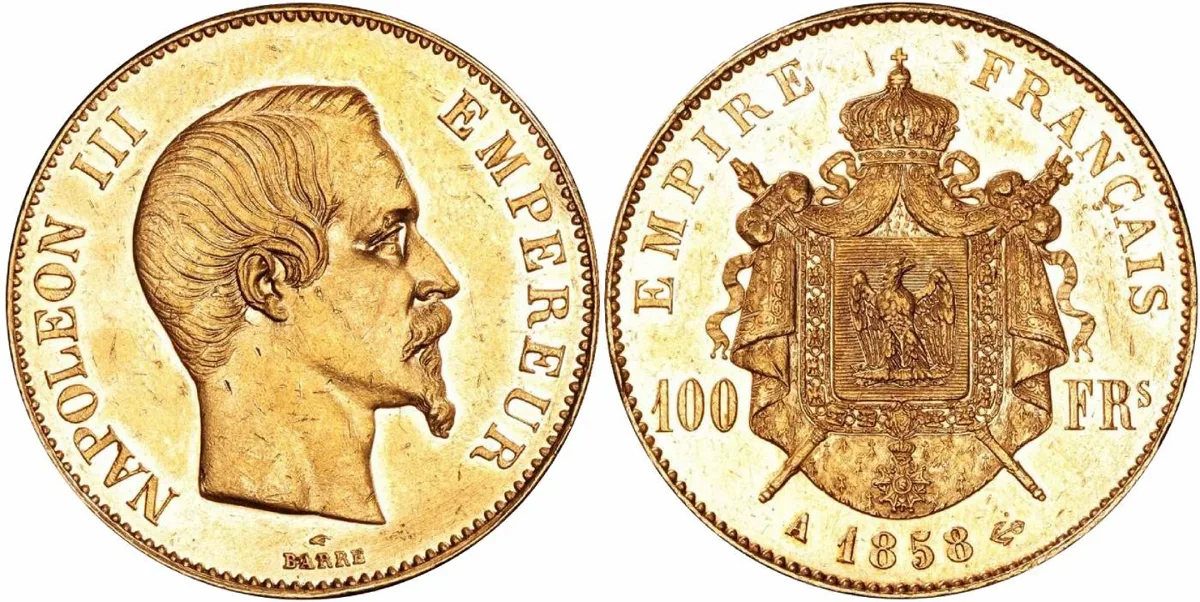 1858 A France, Napoleon III, 100 Francs in UNC toned