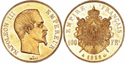 1858 A France, Napoleon III, 100 Francs in UNC toned