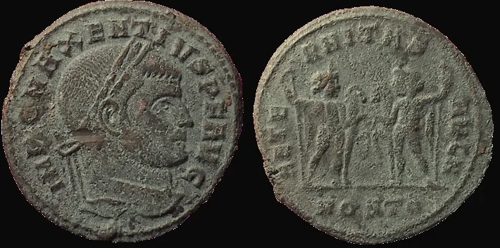 MAXENTIUS 306-312 AD (Struck 309 AD). AE 24mm, 6.5gm follis. Ostia Mint, Green Patina