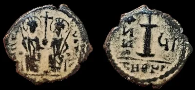 Justin II, with Sophia. 565-578 AD (Struck RY 6 = 570-571 AD) AE 19.2mm 3.40gm Decanummium Theoupolis (Antioch) Nice desert patina, VF