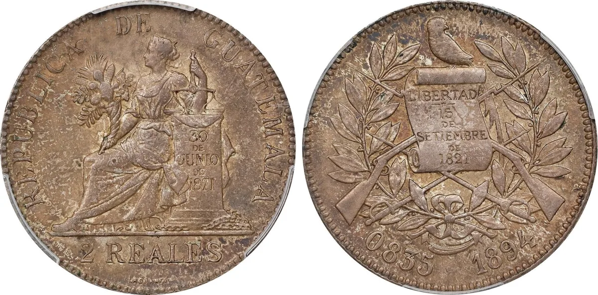 *Top Pop & Scarce!* GUATEMALA. Silver 2 Reales, 1894. PCGS MS-62.