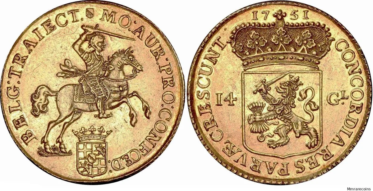 1751 Netherlands Utrecht, Gouden Rijder 14 Gulden in nUNC and very scarce