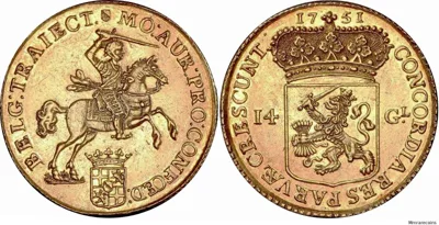 1751 Netherlands Utrecht, Gouden Rijder 14 Gulden in nUNC and very scarce