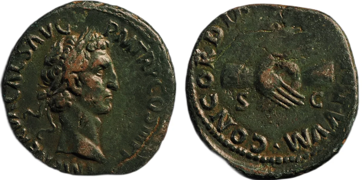 Nerva AE As, Rome AD 97, CONCORDIA MILITVVM clasped hands, SC, RIC II 79