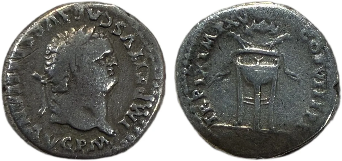 Titus, 79-81. Denarius Rev: Dolphin set to right on tripod with fillets