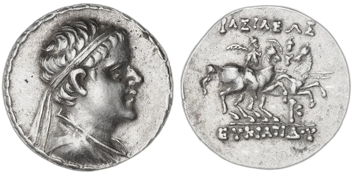 Greco-Bactrian Eucratides I AR drachm, 171–145 BC, Dioskouroi