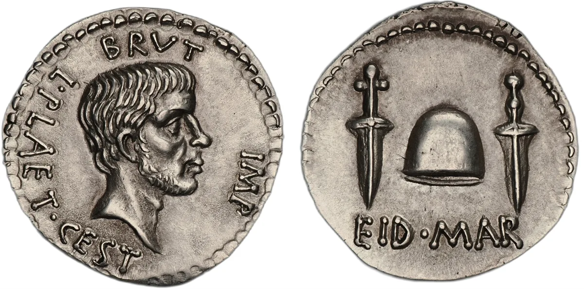 Marcus Junius Brutus and L. Plaetorius Cestianus. Transfer-die replica denarius
