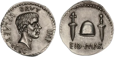 Marcus Junius Brutus and L. Plaetorius Cestianus. Transfer-die replica denarius