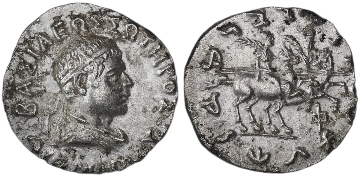 Rare Diomedes Soter AR Tetradrachm, Indo-Greek, 115–105 BC, Dioskouroi