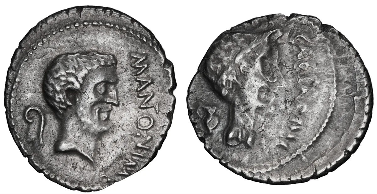Mark Antony & Julius Caesar. Silver denarius