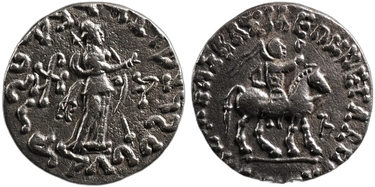 Indo-Scythian Azes II AR Tetradrachm Horseman/Athena Bilingual c. 35–12 BC