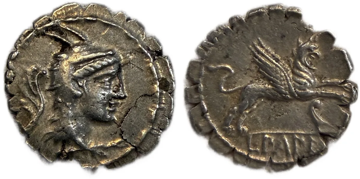 L. Papius, 79 BC. Denarius Serratus (Silver, 19 mm, 3.85 g, 5 h), Rome