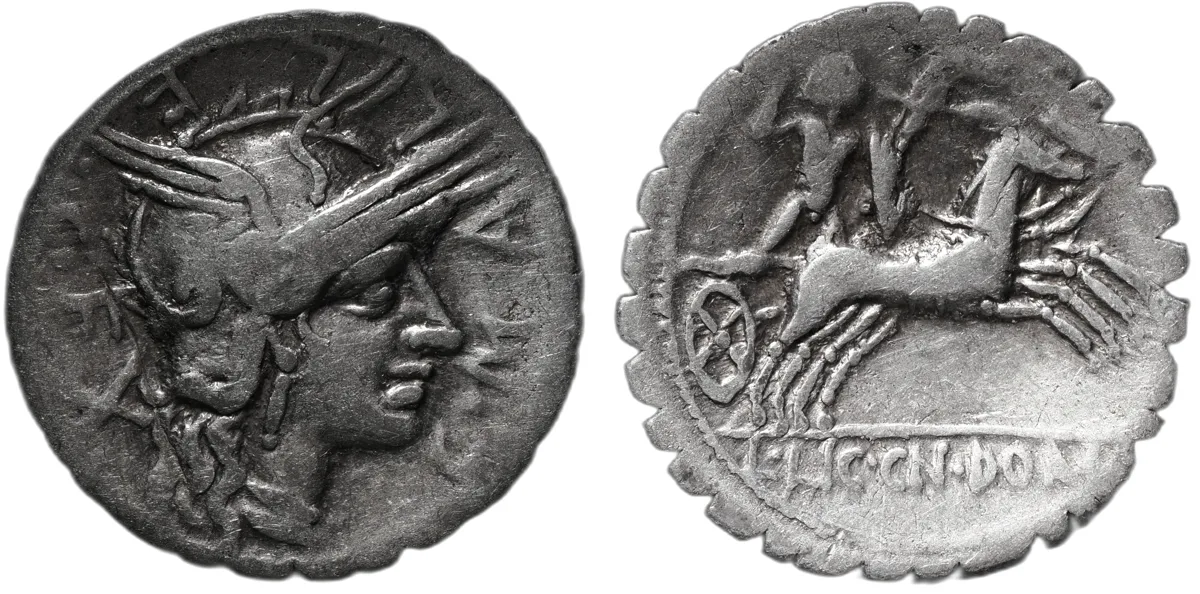 L. Licinius Crassus & Cn. Domitius Ahenobarbus with C. Malleolus, 118 BC, Denarius Serratus. Minted in Narbo