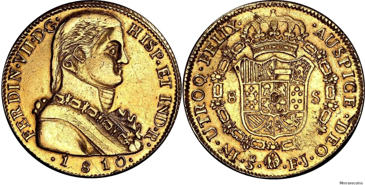 1810 Chile, Ferdinand VII, Imaginary portrait, 8 Escudos in EF and very scarce