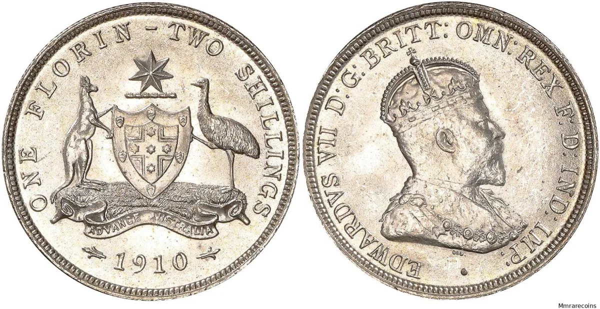 1910 M Australia, King Edward VII, Florin or Two Shillings in superb and rare choice UNC