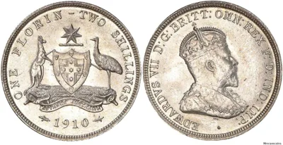 1910 M Australia, King Edward VII, Florin or Two Shillings in superb and rare choice UNC