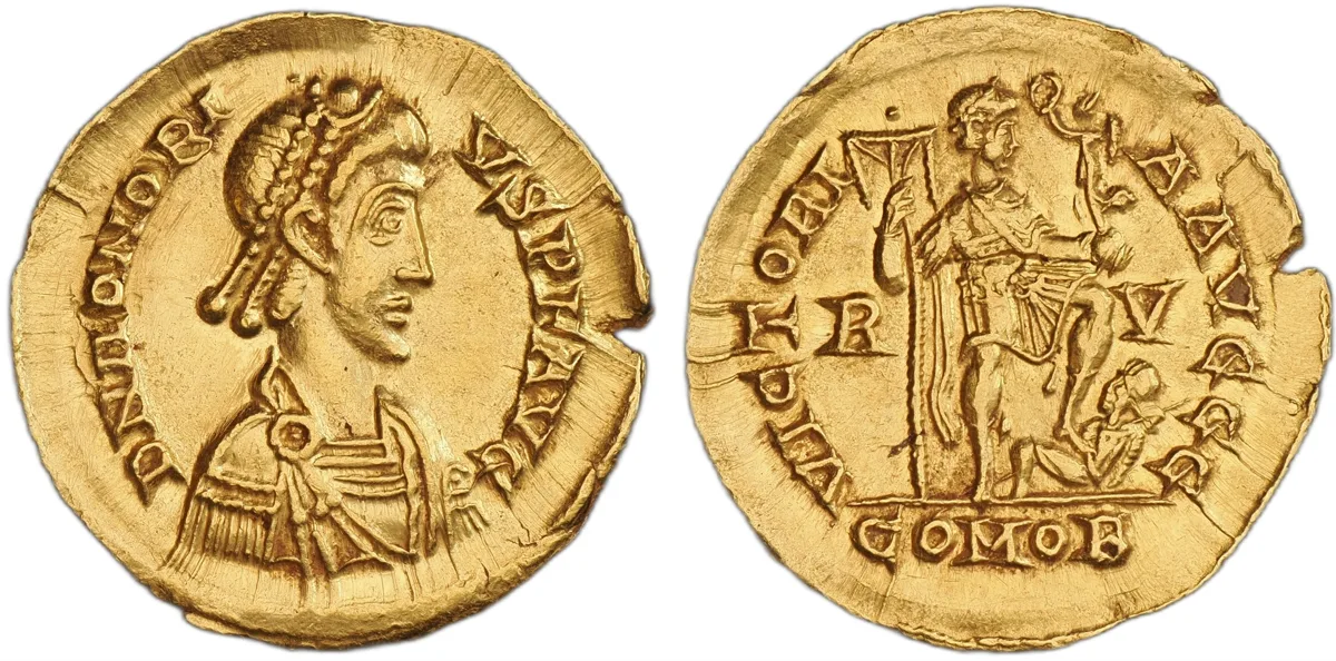 Honorius, AD 402-408. AV Soldius, Ravenna.