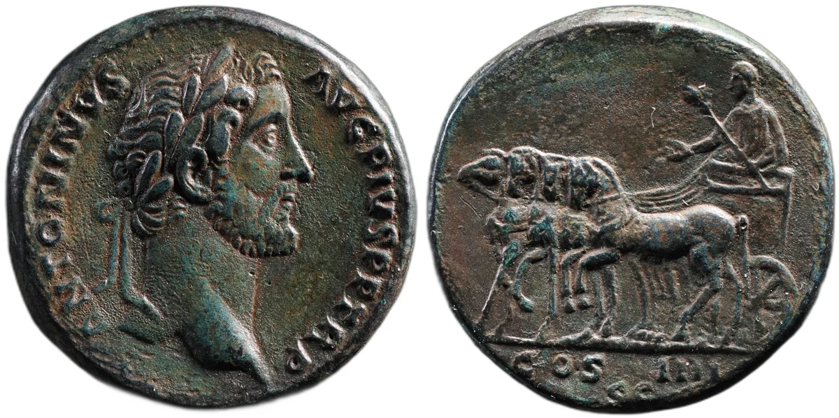 Antoninus Pius Sestertius, Rome, AD 145–161, COS IIII Quadriga left RIC 250