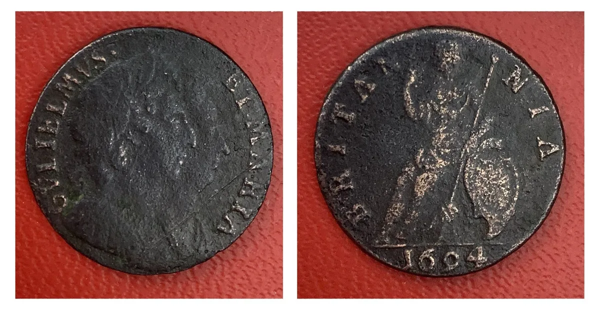 William and Mary Farthing, 1694 bronze coin!