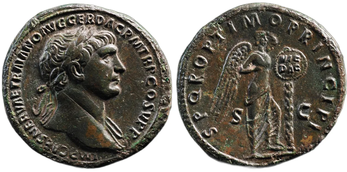 Trajan AE Sestertius, Victory inscribing VIC DAC, Rome, AD 103-111, RIC 527