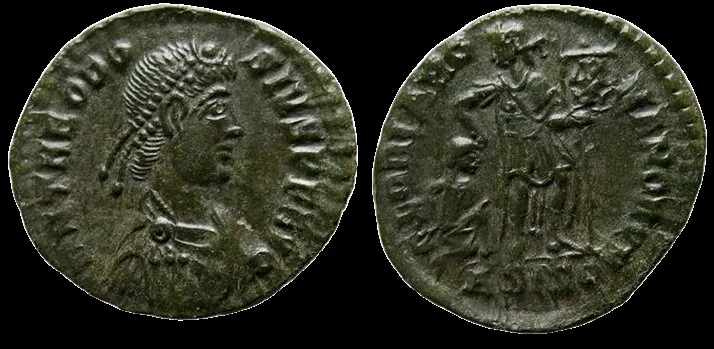 Roman Theodosius I. 379-395 AD (Struck 384-387 AD) Æ 19mm 2.55gm Maiorina, Siscia, Sharply struck on nice full flan. Dark green patina. Ch AU