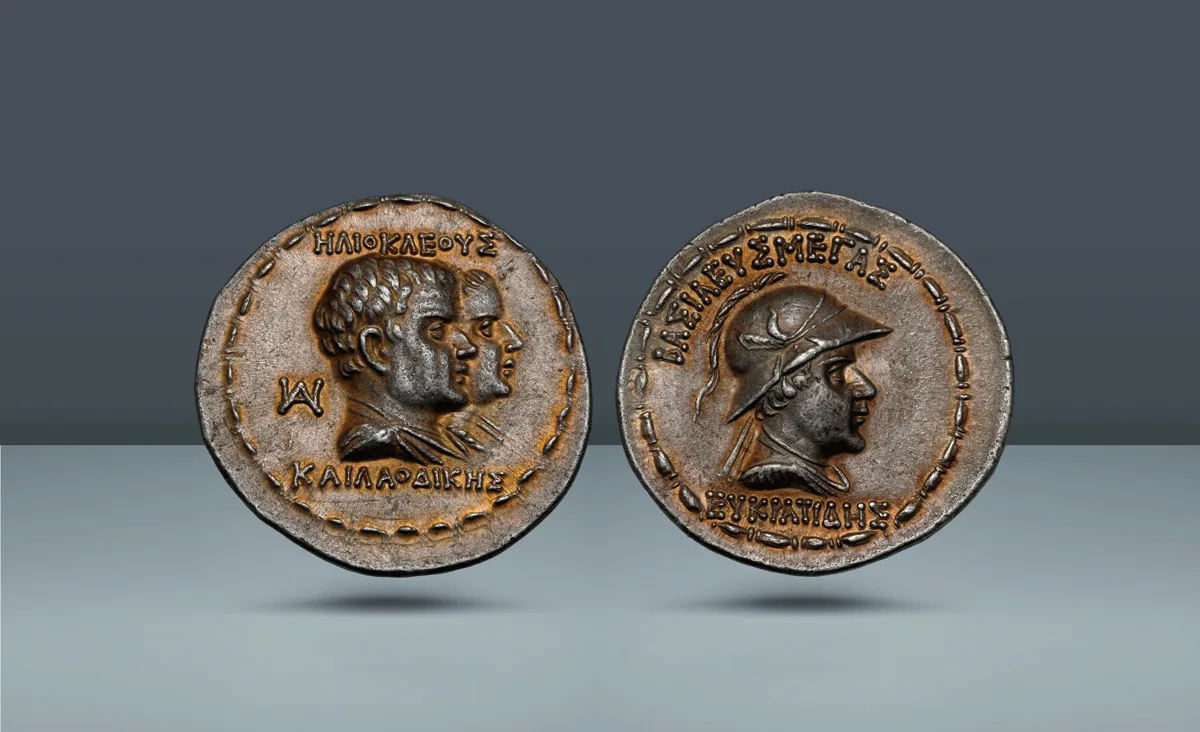 Greco-Baktrian Kingdom. Eukratides I Megas, with Heliokles and Laodike. Dynastic pedigree issue, 170-145 BC. c. 170-145 BC