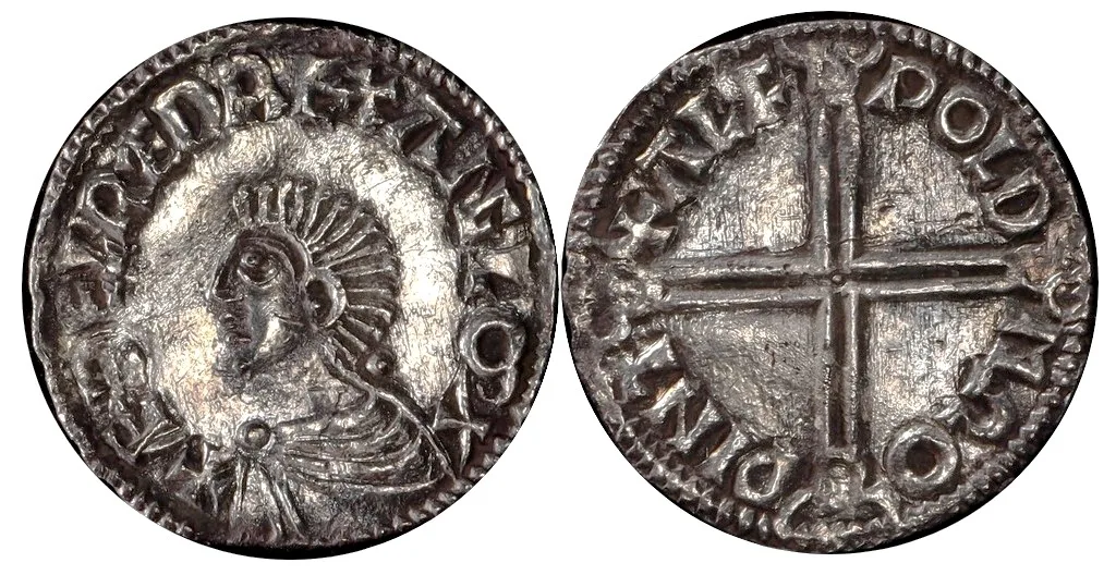 978-1016 Athelred II, Long cross, moneyer Alfwold toned in EF