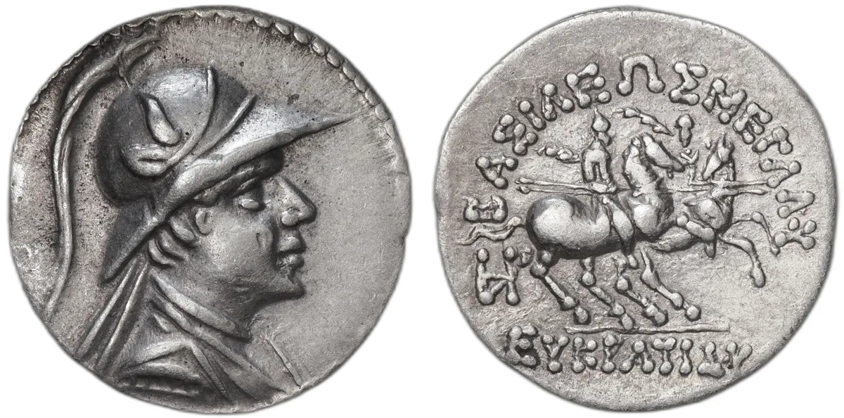 Greco-Bactrian Eucratides I AR Drachm 171–145 BC Dioscuri