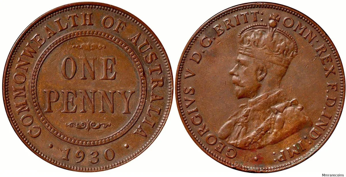 1930 Commonwealth of Australia Genuine Penny, George V, in VF and very rare