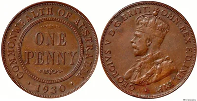 1930 Commonwealth of Australia Genuine Penny, George V, in VF and very rare