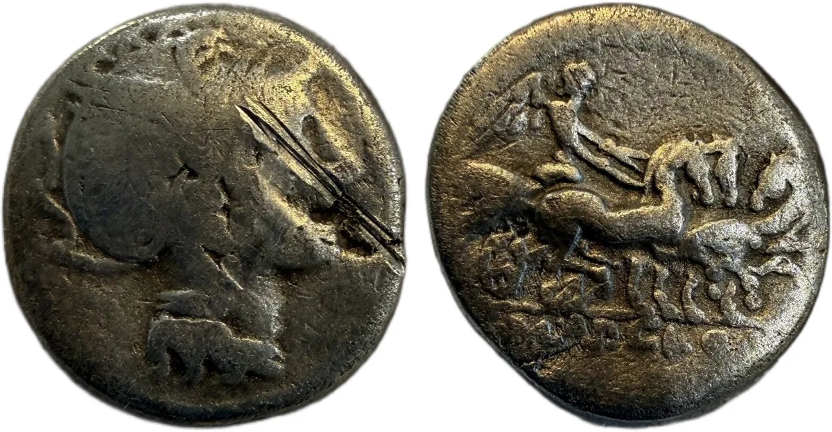 T. Manlius Mancinus, Appius Claudius Pulcher & Q. Urbinius. Denarius;