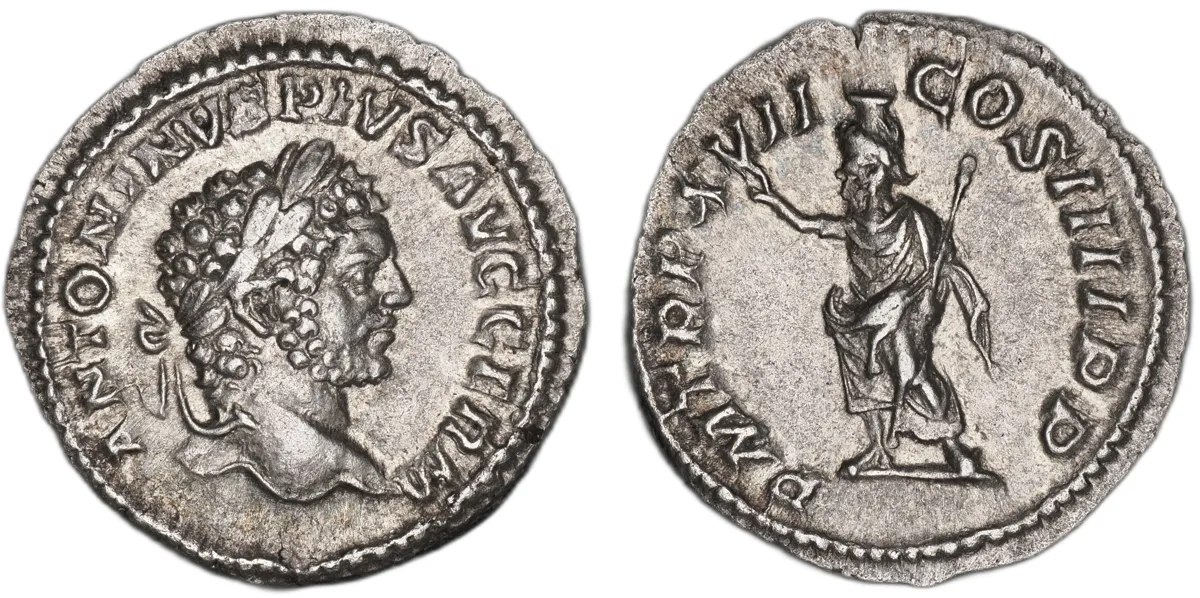 Caracalla denarius, struck at the Rome mint in AD 214