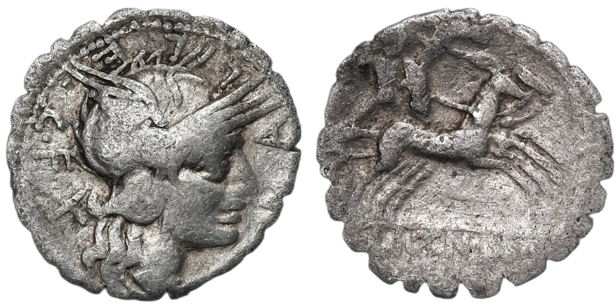 L. Licinius Crassus & Cn. Domitius Ahenobarbus with C. Malleolus, 118 BC, Denarius Serratus. Minted in Narbo