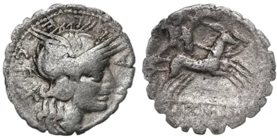 L. Licinius Crassus & Cn. Domitius Ahenobarbus with C. Malleolus, 118 BC, Denarius Serratus. Minted in Narbo