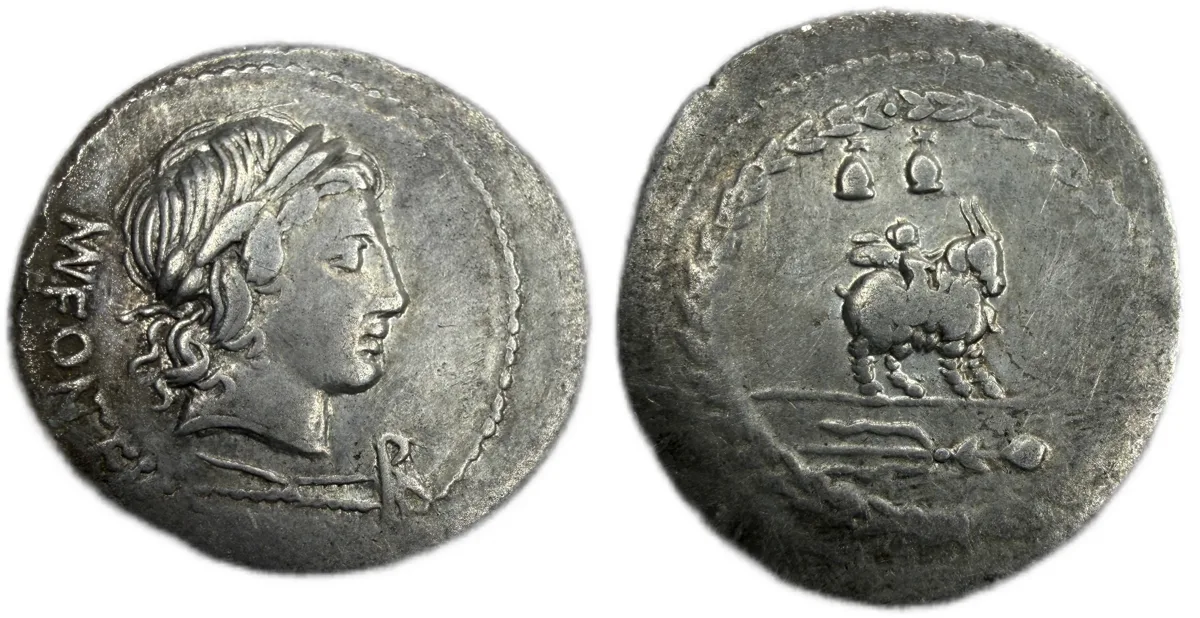 Mn. Fonteius CF Roman Republic Denarius Silver Cupid Riding Goat Coin Huge Flan