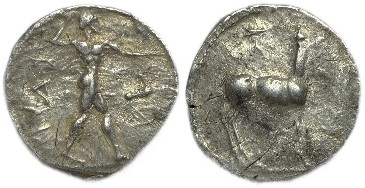 Bruttium, Caulonia Nomos circa 475-425, AR 20.00 mm., 8.12 g.