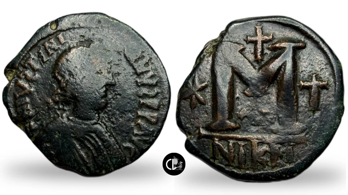 Justin I, Nicomedia – Notable retrograde S in the inscription