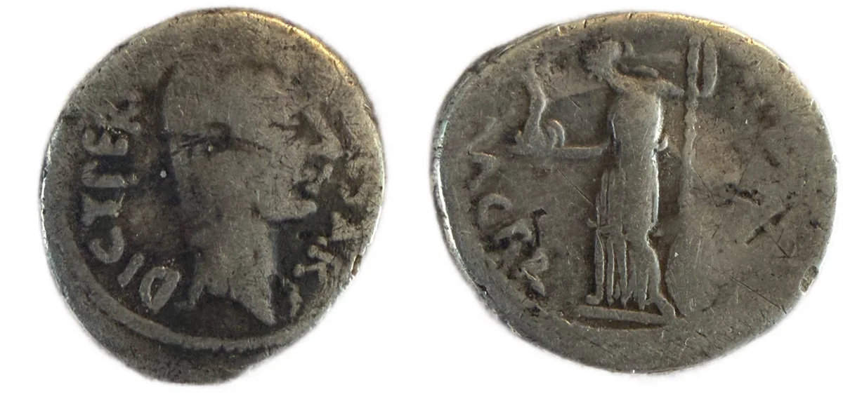 Julius Caesar and P. Sepullius Macer. Denarius