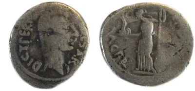 Julius Caesar and P. Sepullius Macer. Denarius