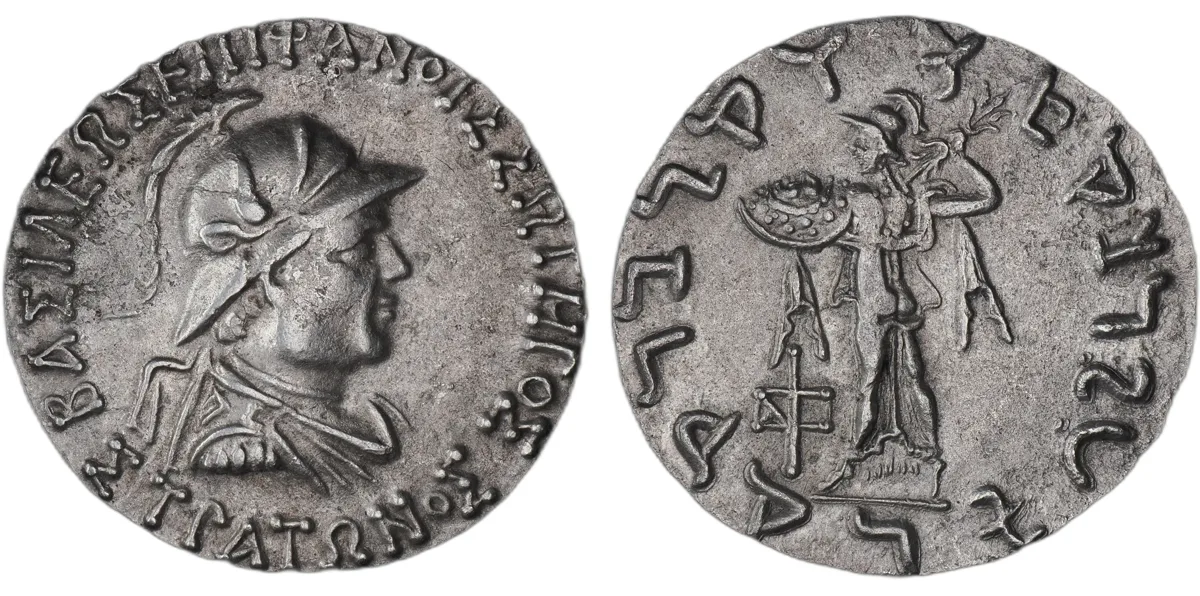 Indo-Greek Strato I Soter AR Tetradrachm, Athena Alkidemos, c.105–80 BC