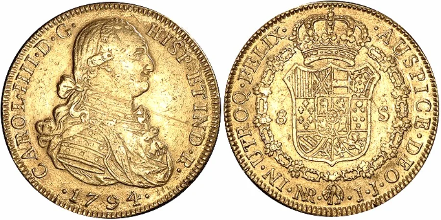 1794-NR-JJ Colombia Charles IV (1788-1808), gold 8 Escudos, gVF/EF Nuevo Reino mint. Very Scarce